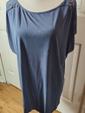Stitchwurks, Women’s Button-Shoulder Cotton Blend Top in Slate Blue, Size 1X